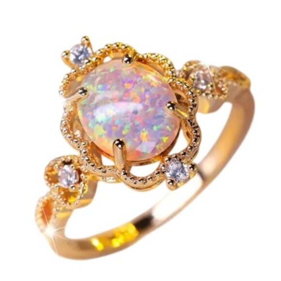 White Egg Shape Opal Rings Ethiopian Fire Opal Engagement Ring 14K Gold plated - Picture 2 of 4